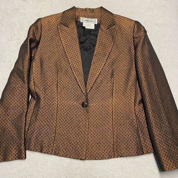Carlisle Blazer Women 8 Brown Silk Wool Geometric 1 Button Chic Career Vintage - Picture 1 of 10